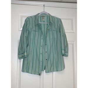 The North Face‎ Snap Shirt Women's Large Light Blue Striped 3/4 Sleeve Outdoor